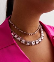New Look Dazzle and Delight Bright Pink Gem Embellished Layered Necklace